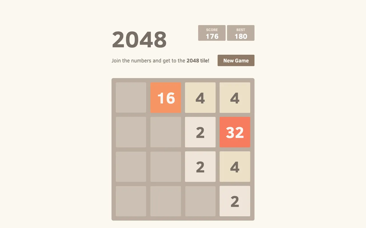 A 2048 board mid-run with a 32 and a 16 tile standing out in orange among smaller white ones, the score readout at 176 and the best at 180 above the board, and the New Game button beside the title