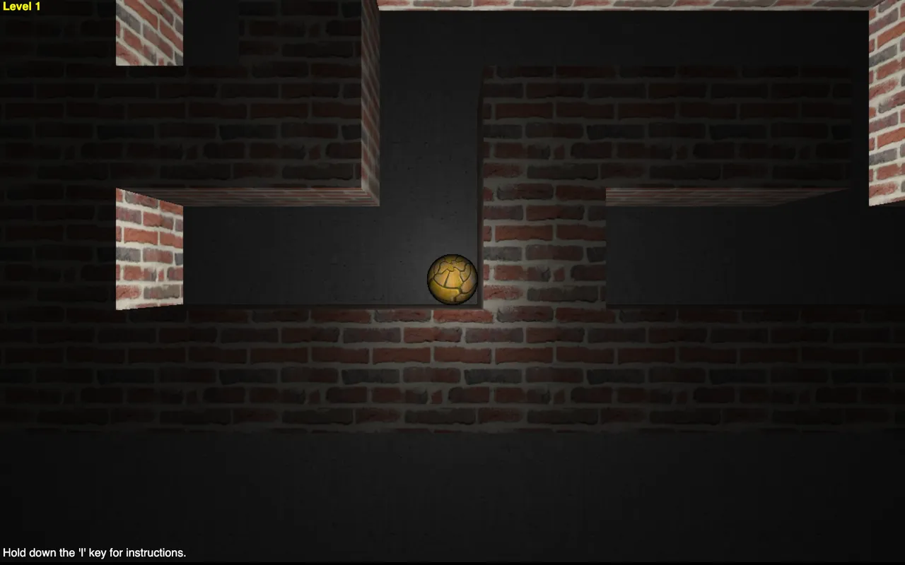 The polished steel ball sitting at a brick corridor junction in Astray, lit by the point light that follows it, with the level counter reading Level 1 in the corner.