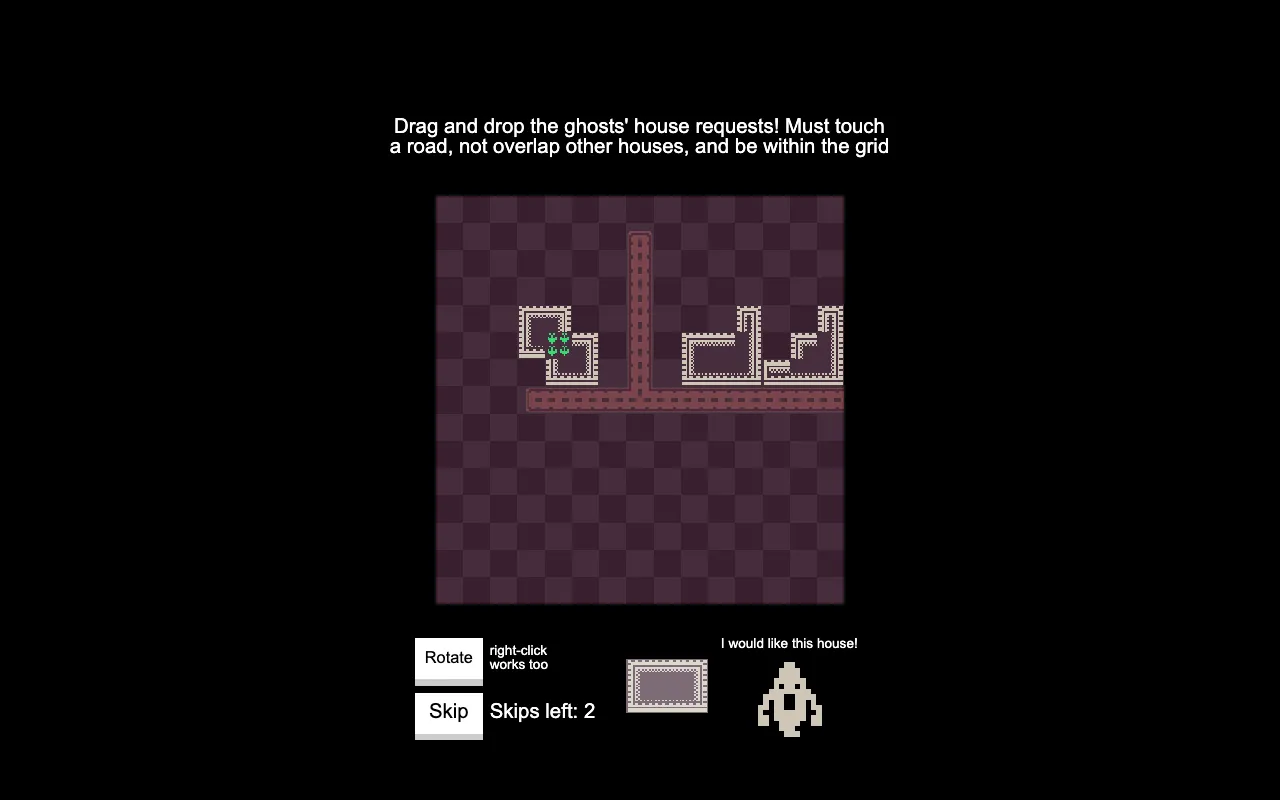 Three ghost houses packed onto the 15x15 plot above a horizontal road with a vertical branch, the next requested house held in the tray beside the ghost that asked for it, and the Skip button reading two skips left.