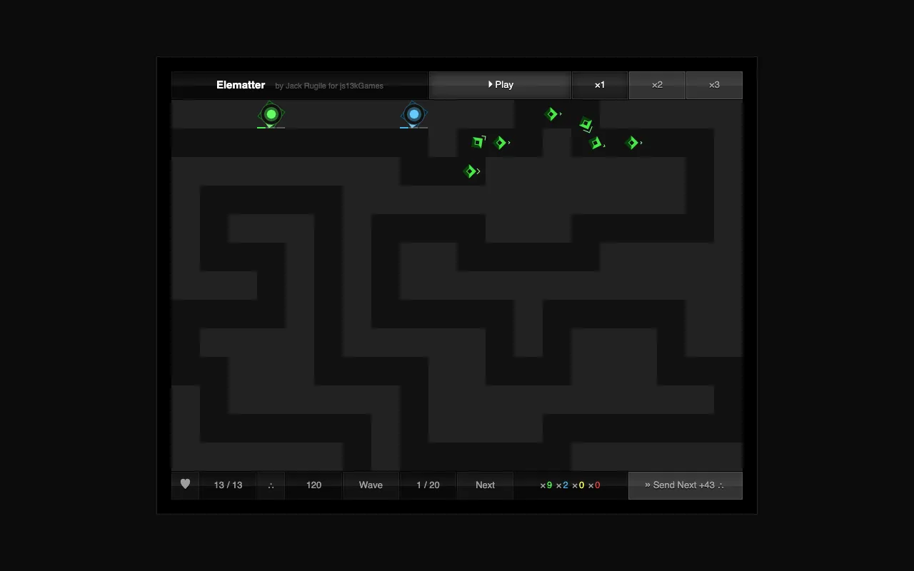 Elematter in play: a green Earth tower and a blue Water tower stand beside the enemy corridor, five green Earth enemies walk along it, and the HUD reads 13 of 13 lives, 120 elemental fragments and wave 1 of 20.