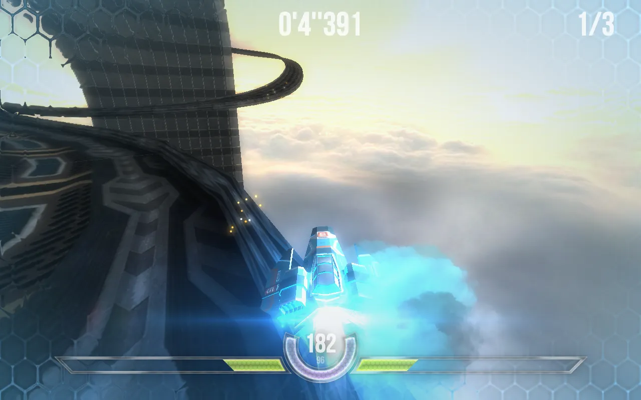 The HexGL hover-ship flying off a jump over the Cityscape track, boost light and exhaust smoke trailing behind it, with the lap timer reading 0'4"391, the lap counter at 1/3 and the speed HUD at 182 with the shield bar at 96.