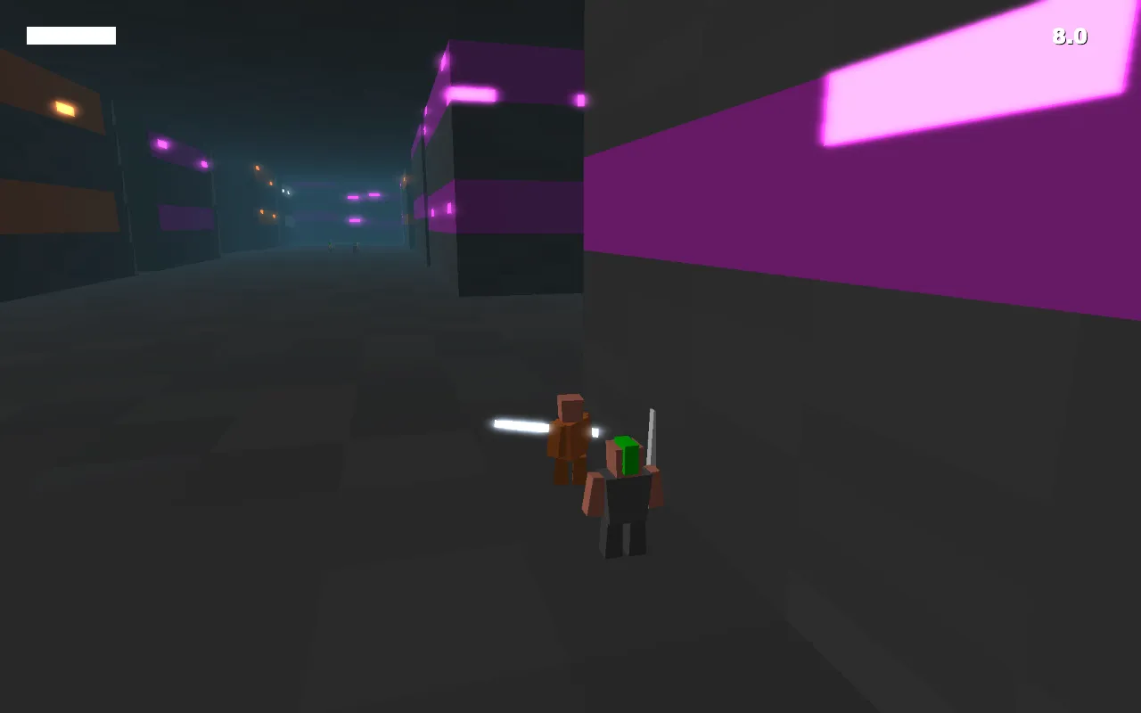 A blocky low-poly character with a glowing sword facing a punk at close range in a neon-lit voxel corridor, two more punks further down the street, and a health bar and run timer drawn in the screen corners