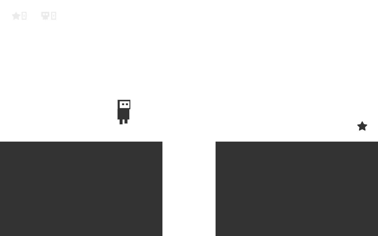 ONOFF gameplay: a small monochrome robot mid-jump above the gap between two dark platforms, the star-shaped goal marker at the far right, and the pale level and death counters in the top left corner.
