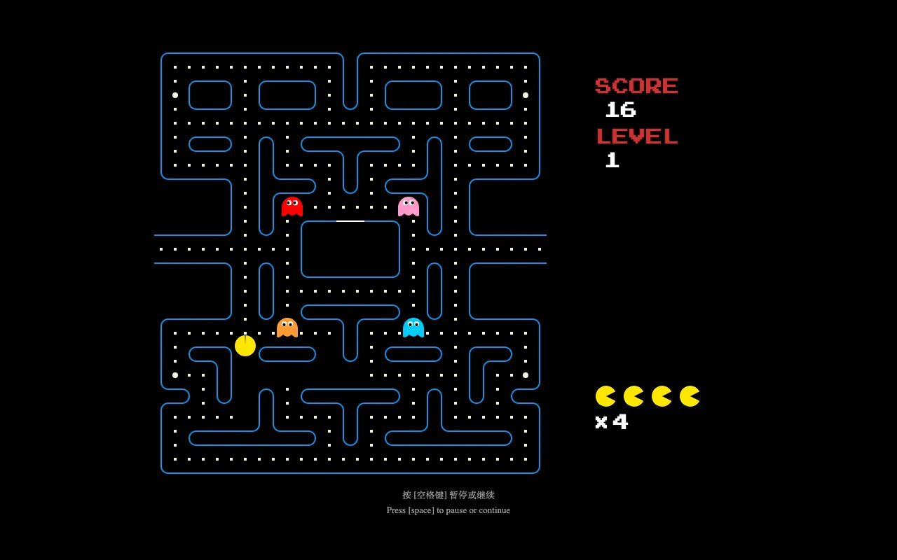 A blue-walled maze filled with pellet dots, four ghosts in red, pink, orange and cyan around the middle of the maze, and a yellow Pac-Man in the lower left corridor beside the score, level and spare-life counter