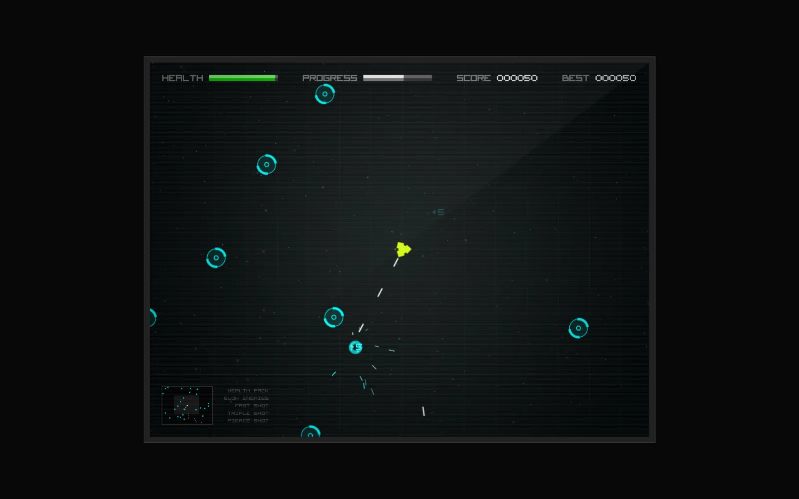 Radius Raid gameplay: an amber player ship in the middle of a dark starfield firing white tracer bullets, with a +5 score popup beside it and several cyan ring-shaped enemies closing in, above the health, progress, score and best readouts along the top and the minimap and powerup legend along the bottom.