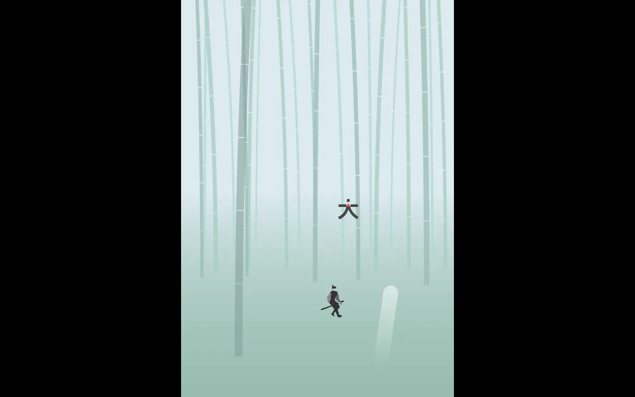 A samurai in a dark robe dashing through a misty bamboo forest with his sword drawn, a pale trajectory line trailing him, and an approaching demon drawn as a heavy black kanji glyph with a red dot above it
