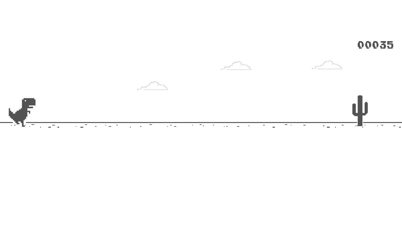The grey Chrome offline dinosaur mid-stride on the left of a white desert, a tall saguaro cactus ahead on the right, three small clouds, a pebble-dotted ground line and a pixel-font distance counter reading 00035 in the top right.
