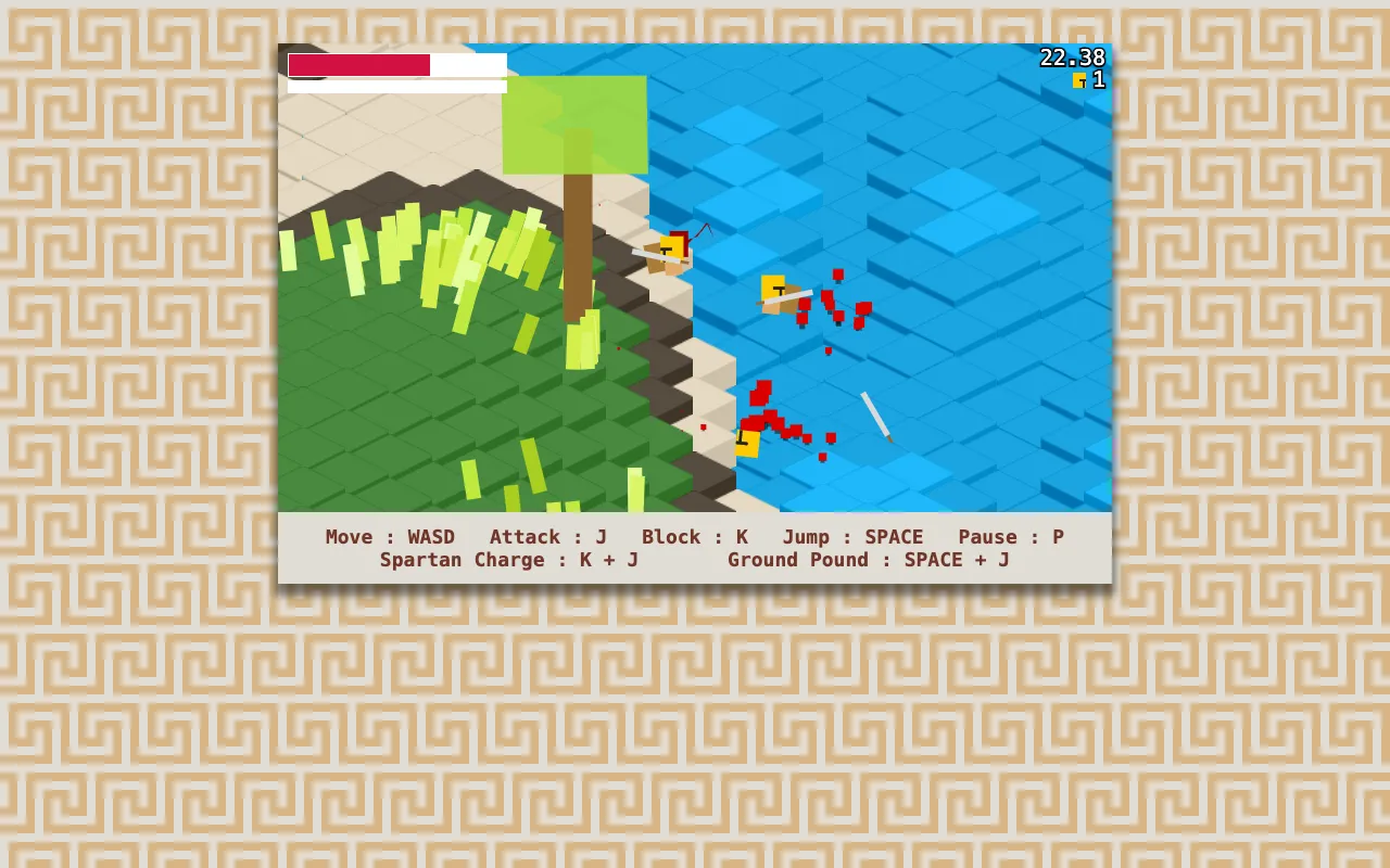 A Spartan hoplite with a yellow crest on his helmet swings a sword at two yellow-crested Athenian soldiers wading in a blue river, red blood particles spraying from a hit, with a tree and grass tufts on the green isometric battlefield behind them and the health and stamina bars along the top