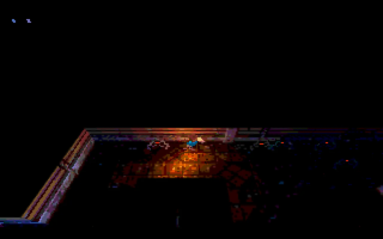 The player sprite firing a plasma bolt across a dimly lit space station room, machinery and floor tiles glowing amber and red against a black background