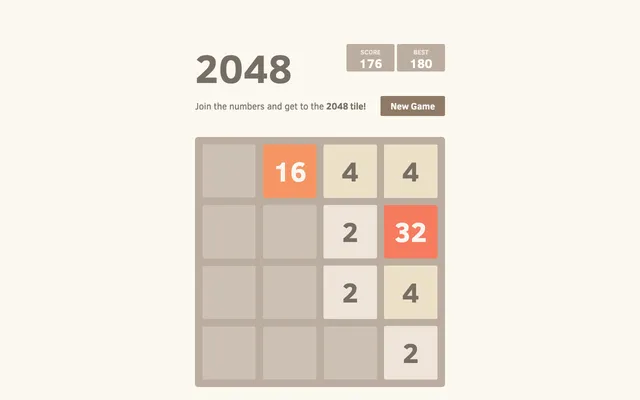 A 2048 board mid-run with a 32 and a 16 tile standing out in orange among smaller white ones, the score readout at 176 and the best at 180 above the board, and the New Game button beside the title