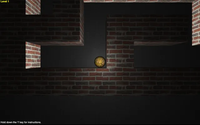 The polished steel ball sitting at a brick corridor junction in Astray, lit by the point light that follows it, with the level counter reading Level 1 in the corner.