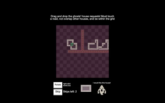 Three ghost houses packed onto the 15x15 plot above a horizontal road with a vertical branch, the next requested house held in the tray beside the ghost that asked for it, and the Skip button reading two skips left.