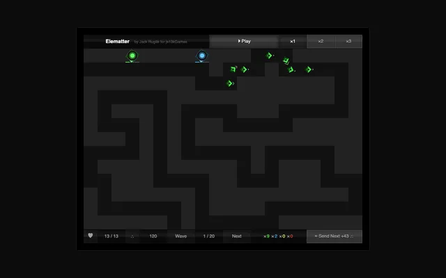 Elematter in play: a green Earth tower and a blue Water tower stand beside the enemy corridor, five green Earth enemies walk along it, and the HUD reads 13 of 13 lives, 120 elemental fragments and wave 1 of 20.
