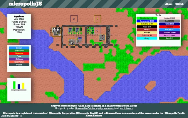 A developed town on the game tile map: a road grid holding residential and commercial blocks with buildings, two nuclear power stations and power lines, beside a readout showing population 2,560 in April 1965