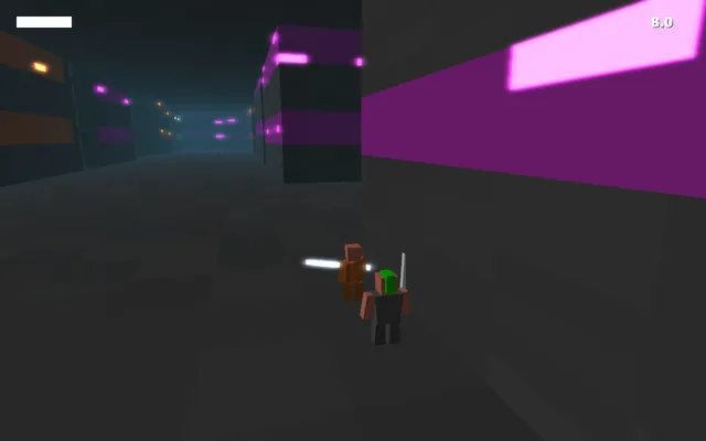 A blocky low-poly character with a glowing sword facing a punk at close range in a neon-lit voxel corridor, two more punks further down the street, and a health bar and run timer drawn in the screen corners