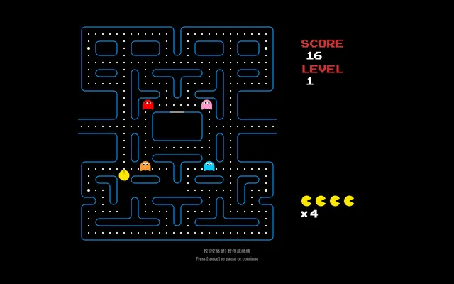 A blue-walled maze filled with pellet dots, four ghosts in red, pink, orange and cyan around the middle of the maze, and a yellow Pac-Man in the lower left corridor beside the score, level and spare-life counter