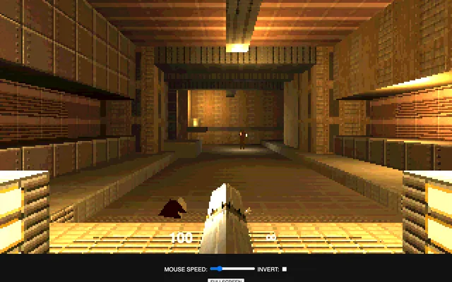 A stone-walled Q1K3 corridor lit by a ceiling lamp, the shotgun held in the lower centre of the frame with a severed limb beside it and an armed enemy standing at the far end of the hall