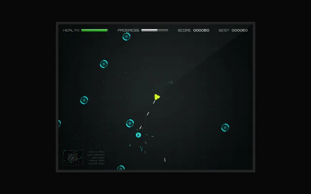 Radius Raid gameplay: an amber player ship in the middle of a dark starfield firing white tracer bullets, with a +5 score popup beside it and several cyan ring-shaped enemies closing in, above the health, progress, score and best readouts along the top and the minimap and powerup legend along the bottom.