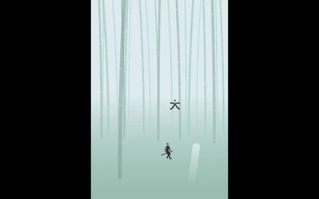 A samurai in a dark robe dashing through a misty bamboo forest with his sword drawn, a pale trajectory line trailing him, and an approaching demon drawn as a heavy black kanji glyph with a red dot above it