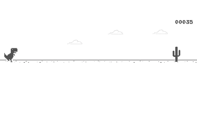 The grey Chrome offline dinosaur mid-stride on the left of a white desert, a tall saguaro cactus ahead on the right, three small clouds, a pebble-dotted ground line and a pixel-font distance counter reading 00035 in the top right.