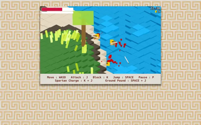 A Spartan hoplite with a yellow crest on his helmet swings a sword at two yellow-crested Athenian soldiers wading in a blue river, red blood particles spraying from a hit, with a tree and grass tufts on the green isometric battlefield behind them and the health and stamina bars along the top