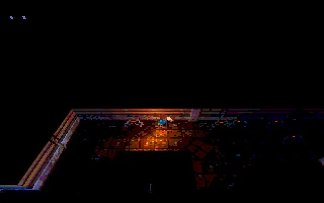 The player sprite firing a plasma bolt across a dimly lit space station room, machinery and floor tiles glowing amber and red against a black background