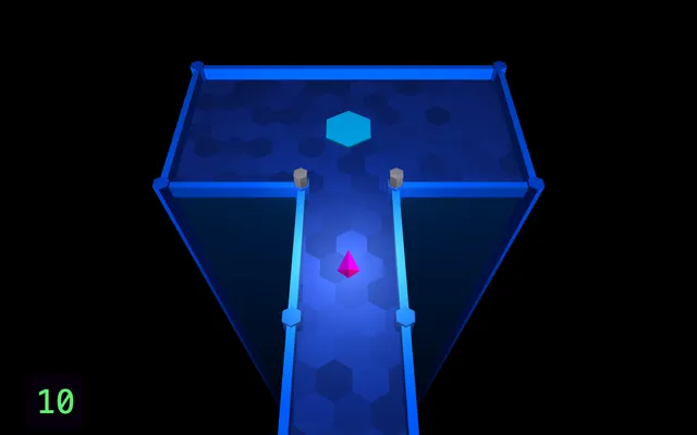 xx142-b2.exe gameplay: a magenta player triangle part way up a bright blue wireframe corridor, a cyan hexagon marking the level exit ahead of it, and behind it a dim red ghost triangle from an earlier life resting on a lit green switch pad, with the countdown at ten in the bottom left corner.